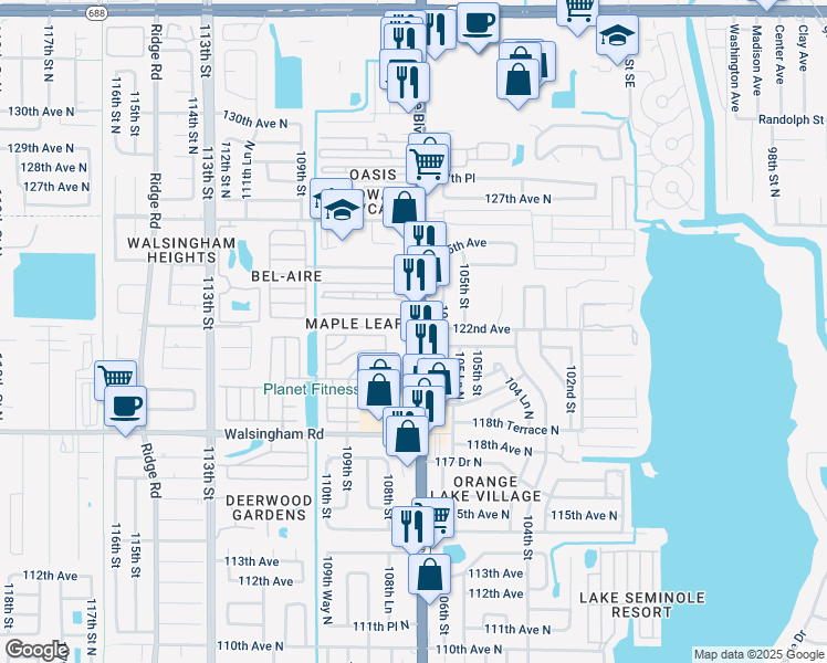 map of restaurants, bars, coffee shops, grocery stores, and more near 12190 Seminole Boulevard in Largo