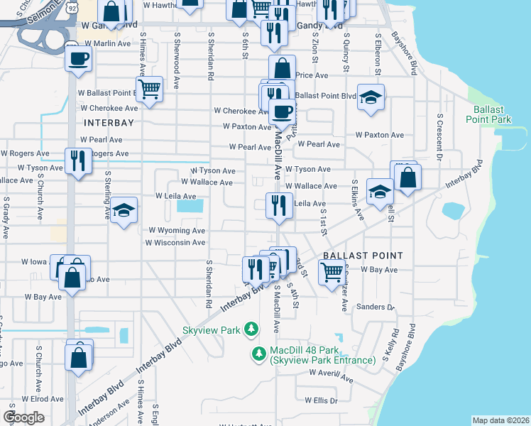 map of restaurants, bars, coffee shops, grocery stores, and more near 5703 South MacDill Avenue in Tampa