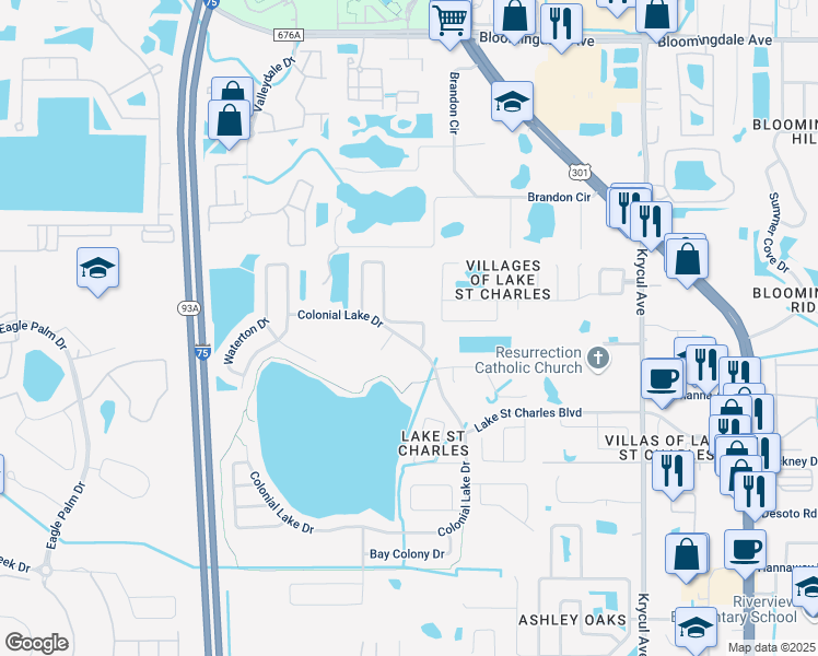 map of restaurants, bars, coffee shops, grocery stores, and more near 6723 Thackston Drive in Riverview