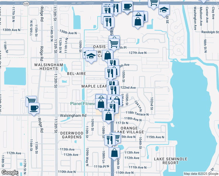 map of restaurants, bars, coffee shops, grocery stores, and more near 12190 Seminole Boulevard in Largo