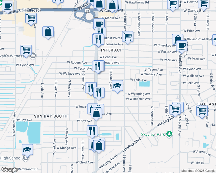 map of restaurants, bars, coffee shops, grocery stores, and more near 3704 West Oklahoma Avenue in Tampa