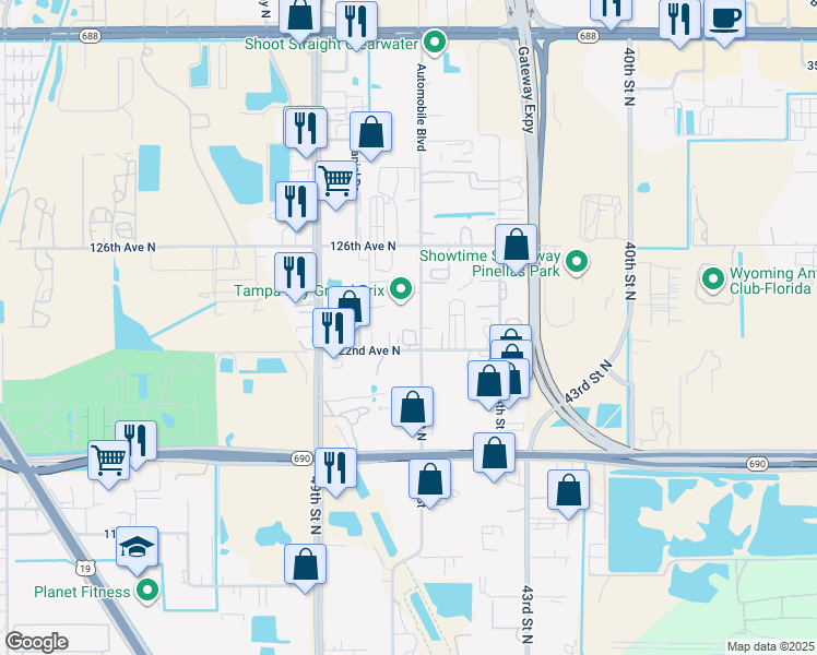 map of restaurants, bars, coffee shops, grocery stores, and more near 12290 Automobile Boulevard in Clearwater