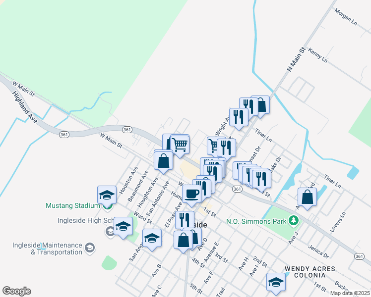 map of restaurants, bars, coffee shops, grocery stores, and more near 2969 Texas 361 in Ingleside