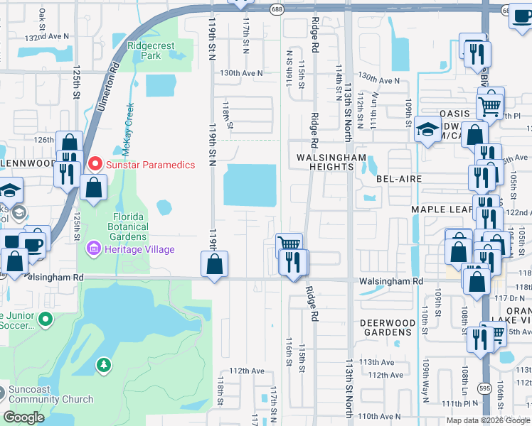 map of restaurants, bars, coffee shops, grocery stores, and more near 12125 Arbor Avenue in Largo