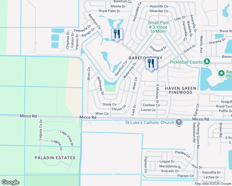 map of restaurants, bars, coffee shops, grocery stores, and more near 1075 Parkway Lane in Sebastian