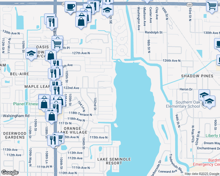 map of restaurants, bars, coffee shops, grocery stores, and more near 10100 Sailwinds Boulevard North in Largo