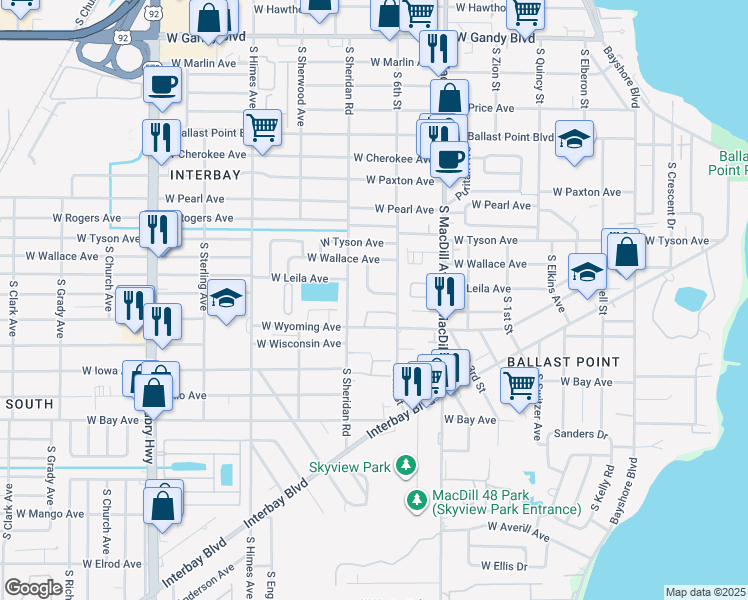 map of restaurants, bars, coffee shops, grocery stores, and more near 3208 West Leila Avenue in Tampa