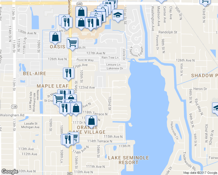 map of restaurants, bars, coffee shops, grocery stores, and more near 9499 122nd Avenue in Largo
