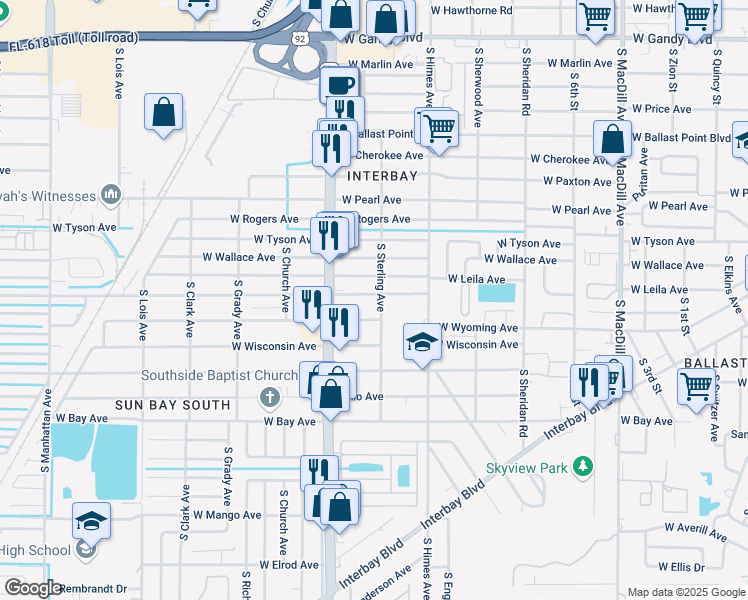 map of restaurants, bars, coffee shops, grocery stores, and more near 3704 West Oklahoma Avenue in Tampa