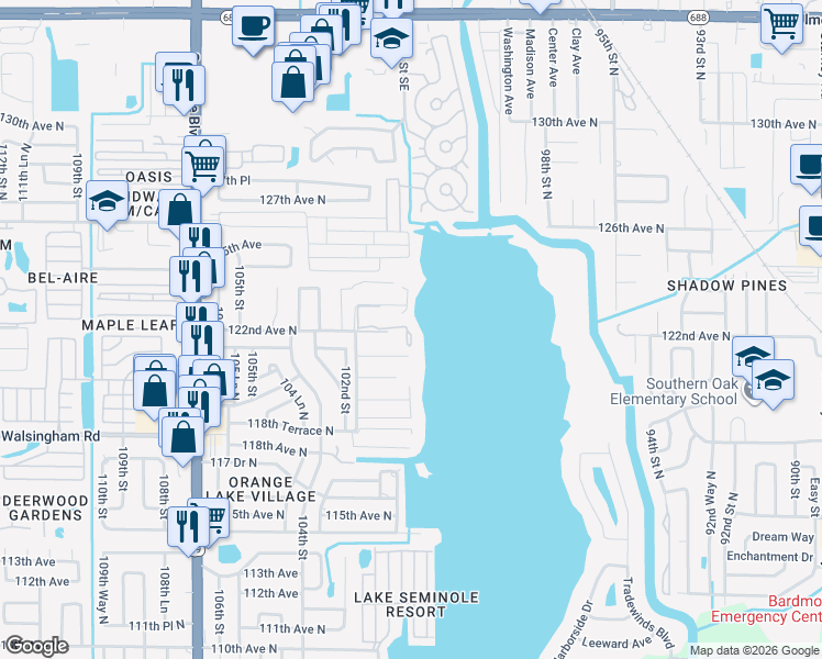 map of restaurants, bars, coffee shops, grocery stores, and more near 10103 Sailwinds Boulevard North in Largo