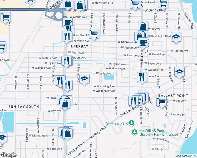 map of restaurants, bars, coffee shops, grocery stores, and more near 5666 Samter Court in Tampa