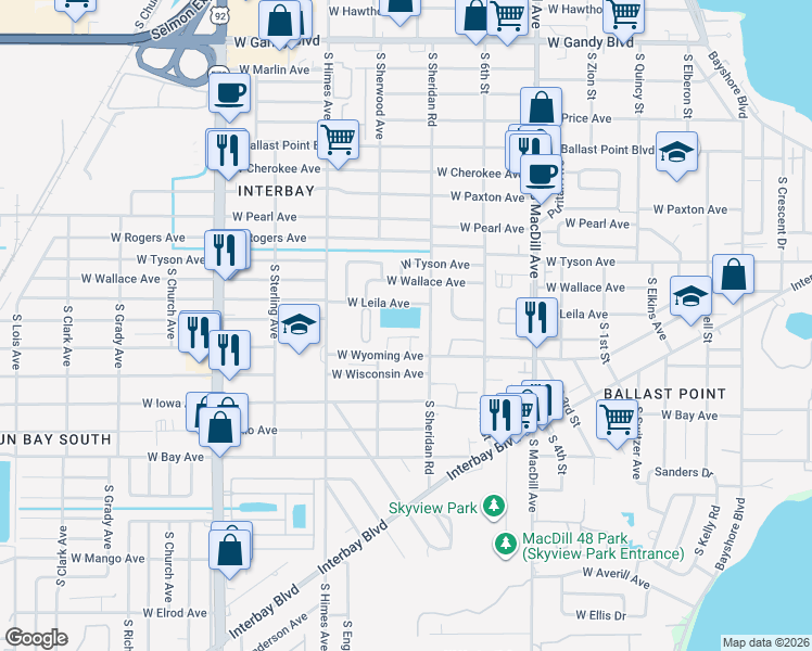 map of restaurants, bars, coffee shops, grocery stores, and more near 3379 West Wyoming Circle in Tampa