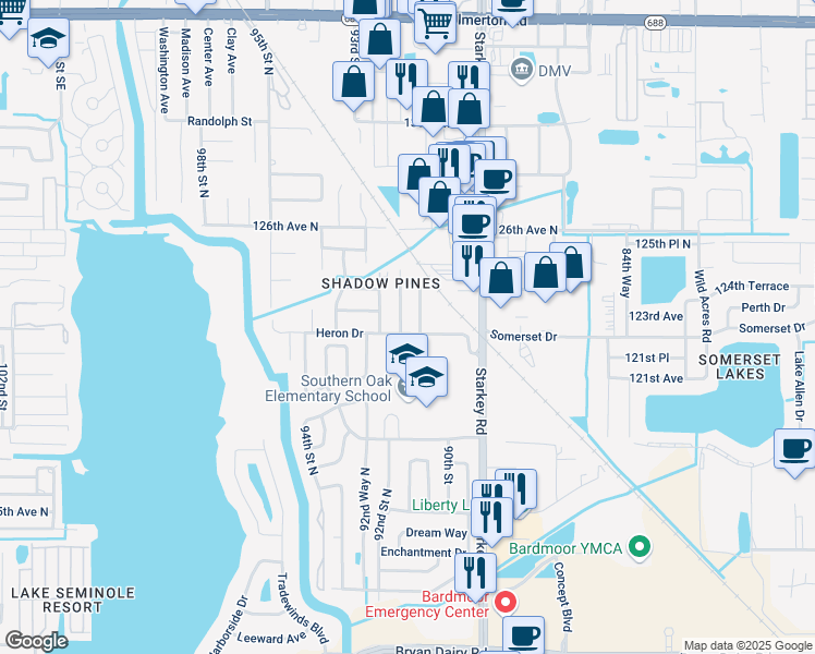 map of restaurants, bars, coffee shops, grocery stores, and more near 12203 91st Way North in Largo