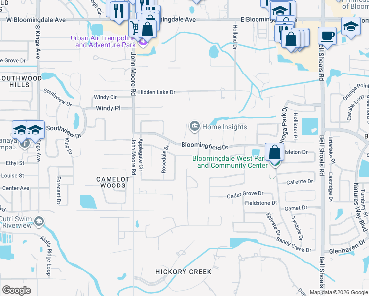 map of restaurants, bars, coffee shops, grocery stores, and more near 301 Bloomingfield Drive in Brandon