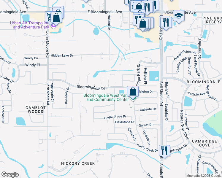 map of restaurants, bars, coffee shops, grocery stores, and more near 419 Bloomingfield Drive in Brandon