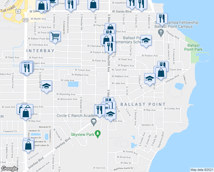 map of restaurants, bars, coffee shops, grocery stores, and more near 5701 South MacDill Avenue in Tampa
