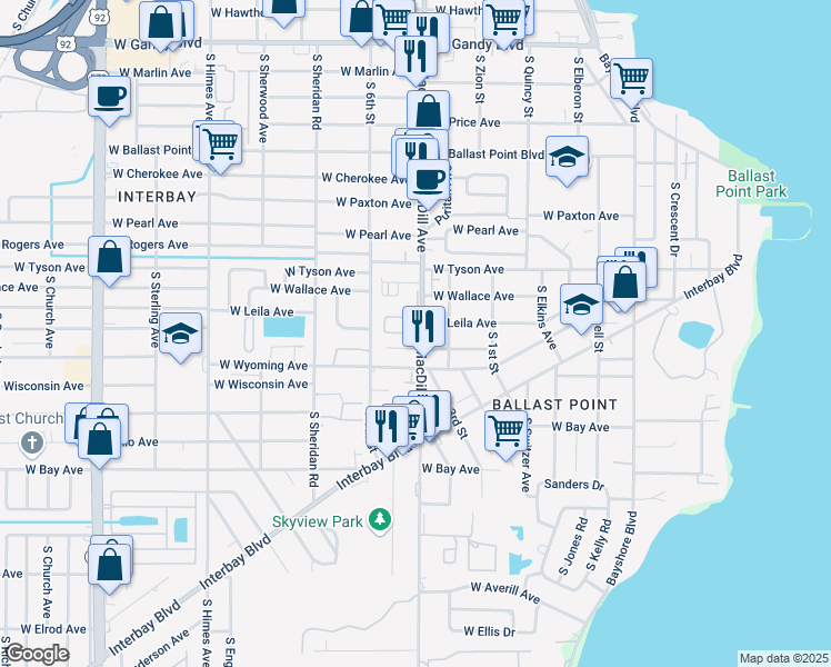 map of restaurants, bars, coffee shops, grocery stores, and more near 5701 South MacDill Avenue in Tampa