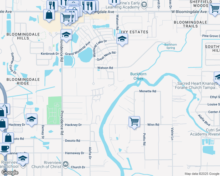 map of restaurants, bars, coffee shops, grocery stores, and more near 6724 Riverside Bluffs Drive in Riverview