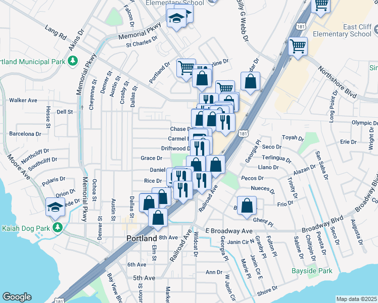 map of restaurants, bars, coffee shops, grocery stores, and more near 214 Driftwood Drive in Portland