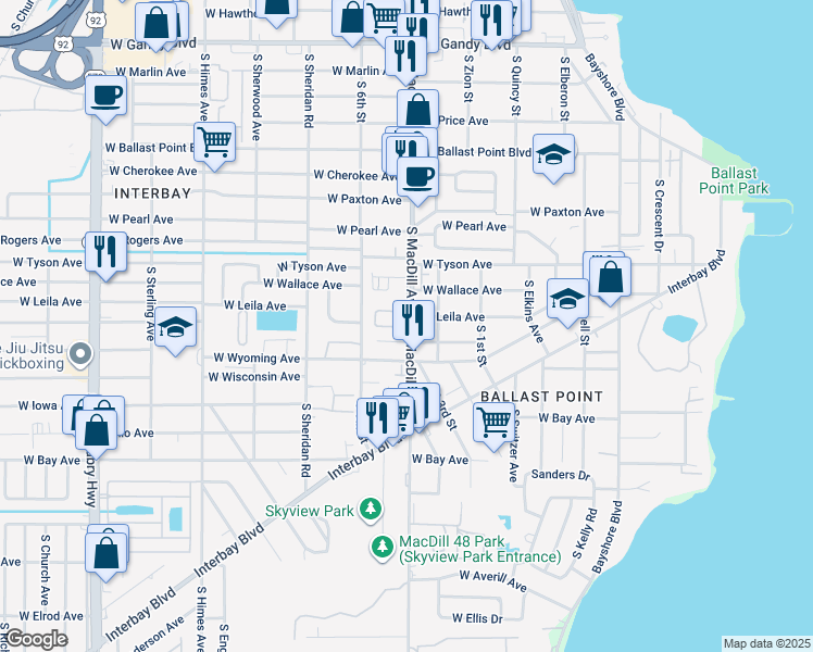 map of restaurants, bars, coffee shops, grocery stores, and more near 5703 South MacDill Avenue in Tampa
