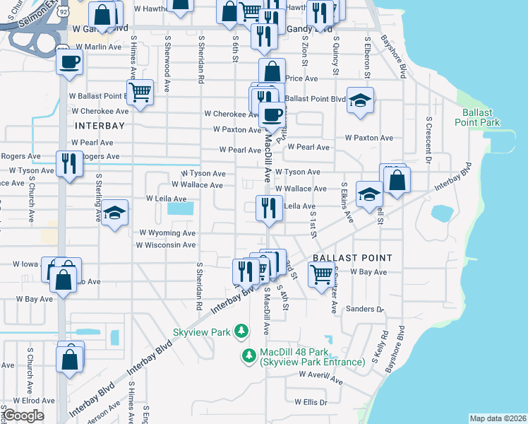 map of restaurants, bars, coffee shops, grocery stores, and more near 5703 South MacDill Avenue in Tampa
