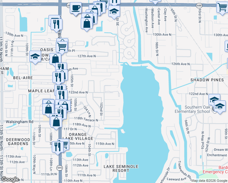 map of restaurants, bars, coffee shops, grocery stores, and more near 10100 Sailwinds Boulevard North in Largo