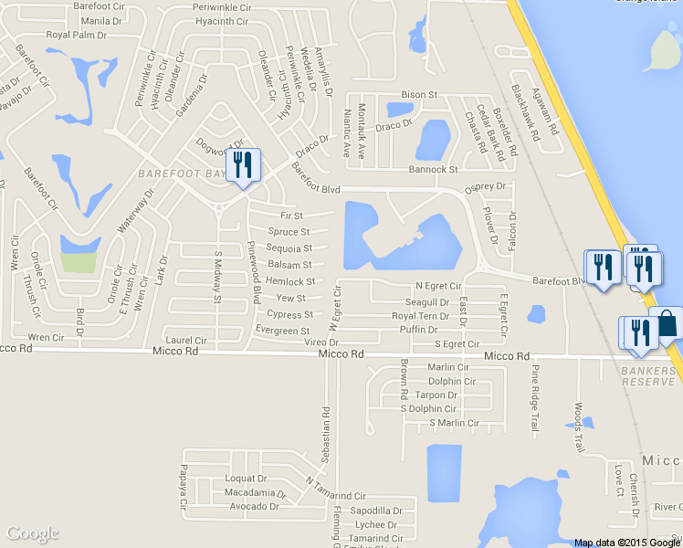 map of restaurants, bars, coffee shops, grocery stores, and more near 335 Egret Circle in Sebastian