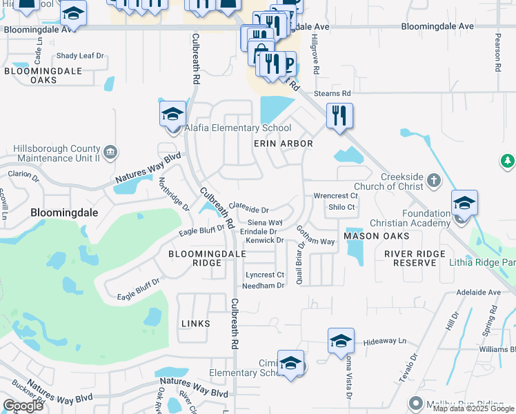 map of restaurants, bars, coffee shops, grocery stores, and more near 2511 Clareside Drive in Valrico
