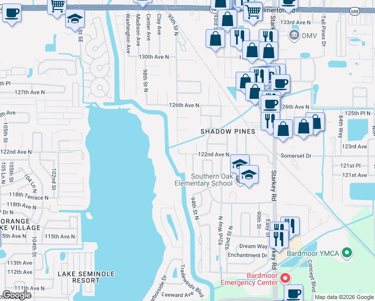 map of restaurants, bars, coffee shops, grocery stores, and more near 12190 94th Way North in Largo