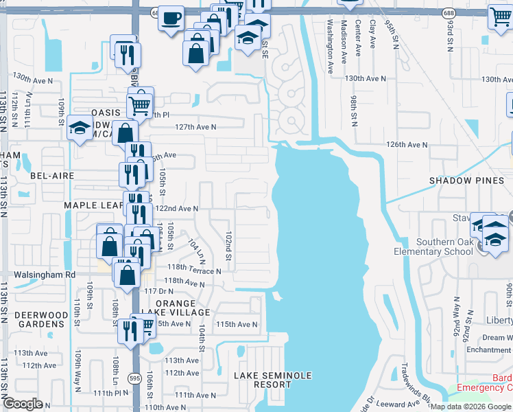 map of restaurants, bars, coffee shops, grocery stores, and more near 10100 Sailwinds Boulevard North in Largo