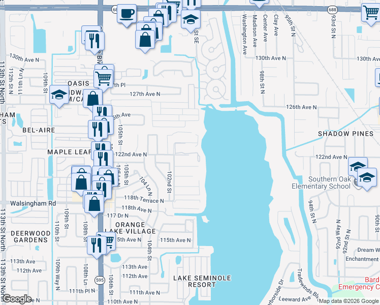 map of restaurants, bars, coffee shops, grocery stores, and more near 10100 Sailwinds Boulevard North in Largo