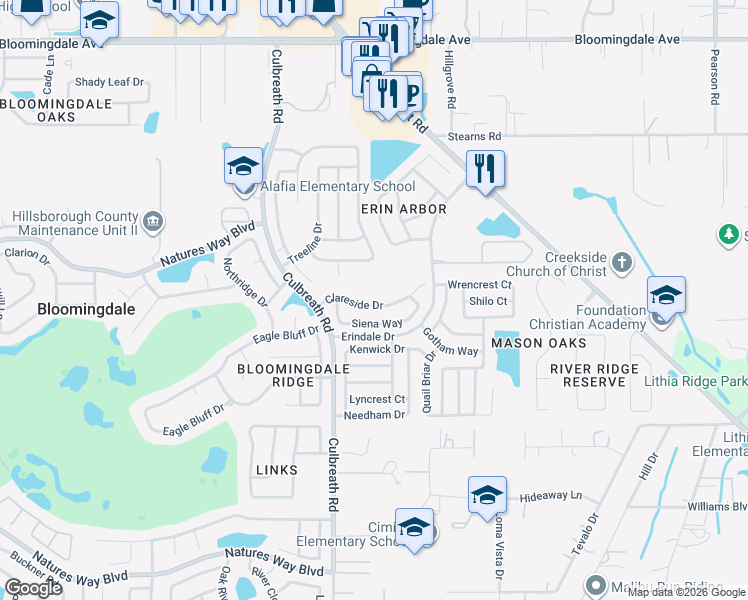 map of restaurants, bars, coffee shops, grocery stores, and more near 2529 Clareside Drive in Valrico