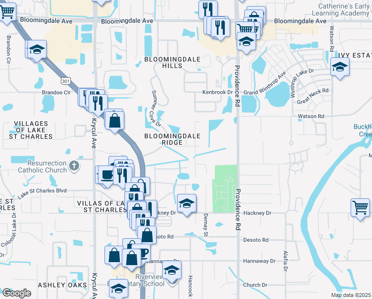 map of restaurants, bars, coffee shops, grocery stores, and more near 6801 Summer Cove Drive in Riverview