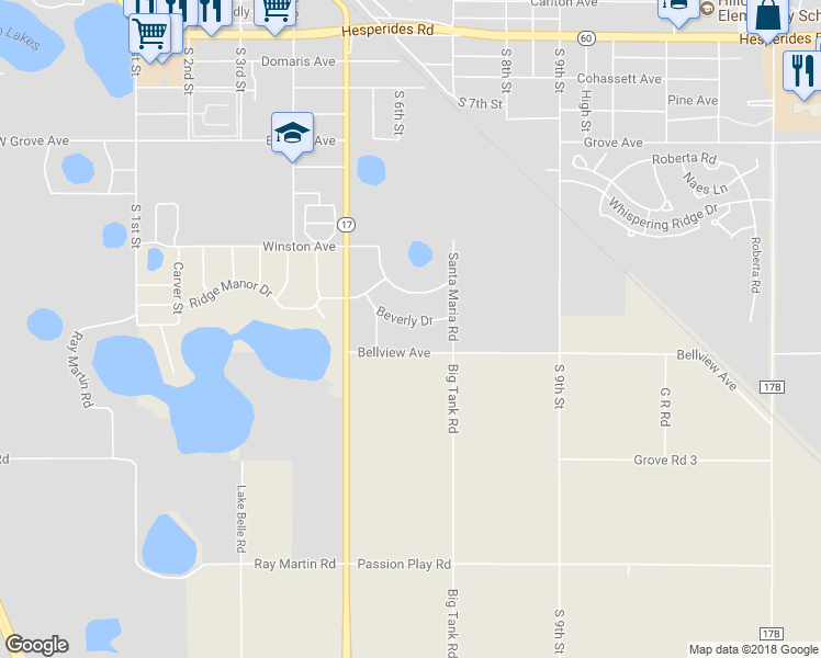 map of restaurants, bars, coffee shops, grocery stores, and more near 642 Beverly Drive in Lake Wales