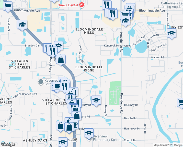 map of restaurants, bars, coffee shops, grocery stores, and more near 6801 Summer Cove Drive in Riverview