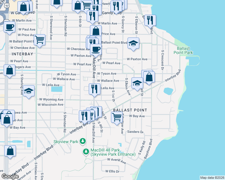 map of restaurants, bars, coffee shops, grocery stores, and more near 5716 South 1st Street in Tampa