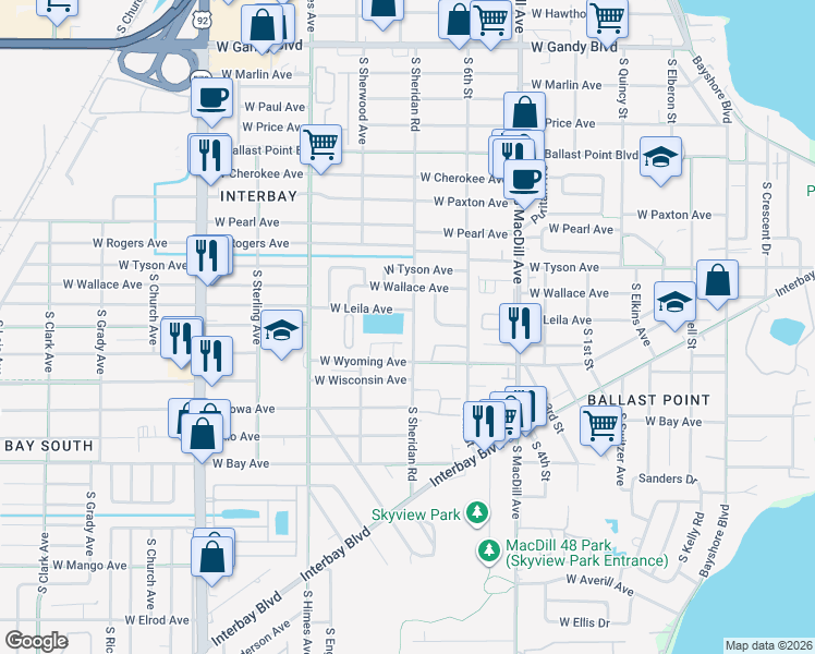 map of restaurants, bars, coffee shops, grocery stores, and more near 3319 West Wyoming Circle in Tampa