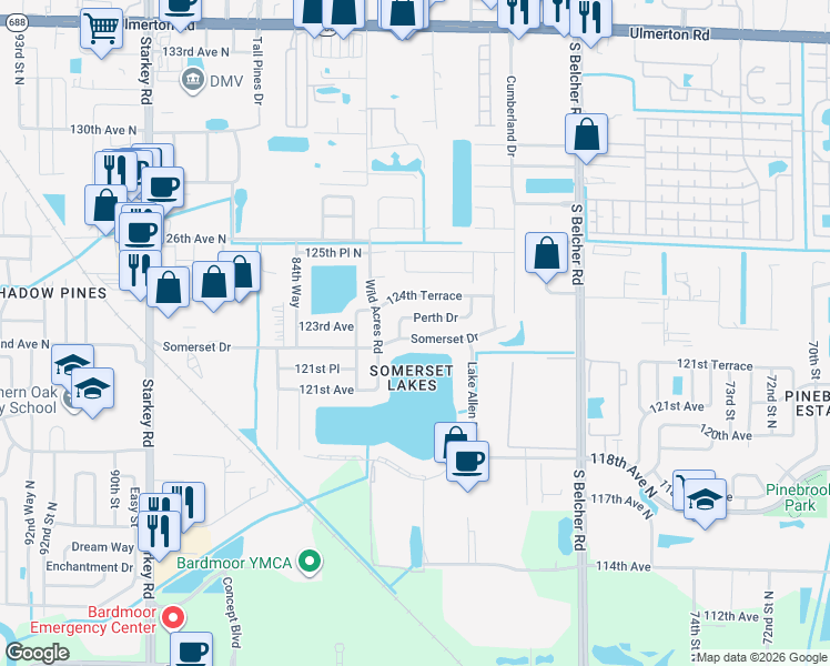 map of restaurants, bars, coffee shops, grocery stores, and more near 8154 Somerset Drive in Largo