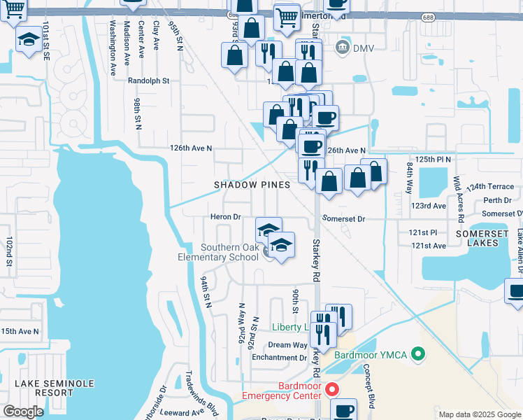 map of restaurants, bars, coffee shops, grocery stores, and more near 12203 91st Way North in Largo