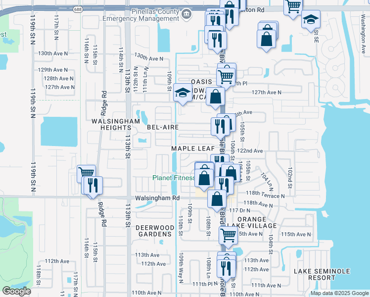 map of restaurants, bars, coffee shops, grocery stores, and more near 12240 Seminole Boulevard in Largo