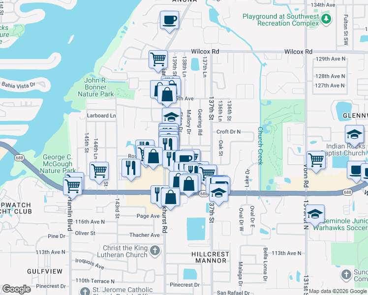 map of restaurants, bars, coffee shops, grocery stores, and more near 12162 Aurora Court in Largo