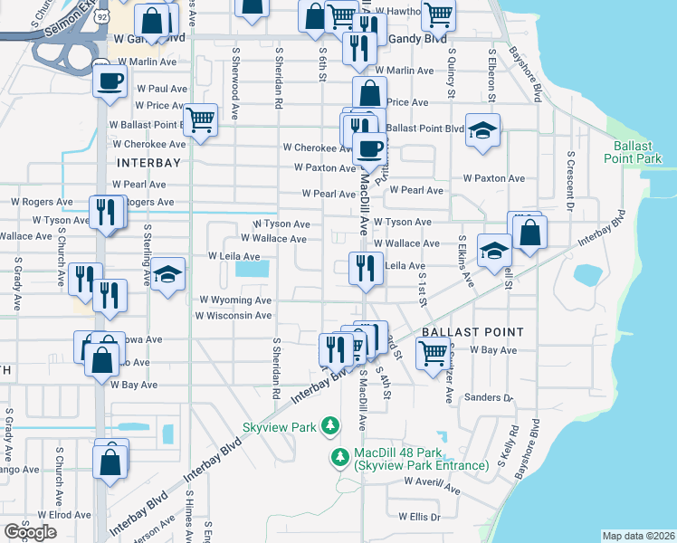 map of restaurants, bars, coffee shops, grocery stores, and more near 3154 Bayshore Oaks Drive in Tampa