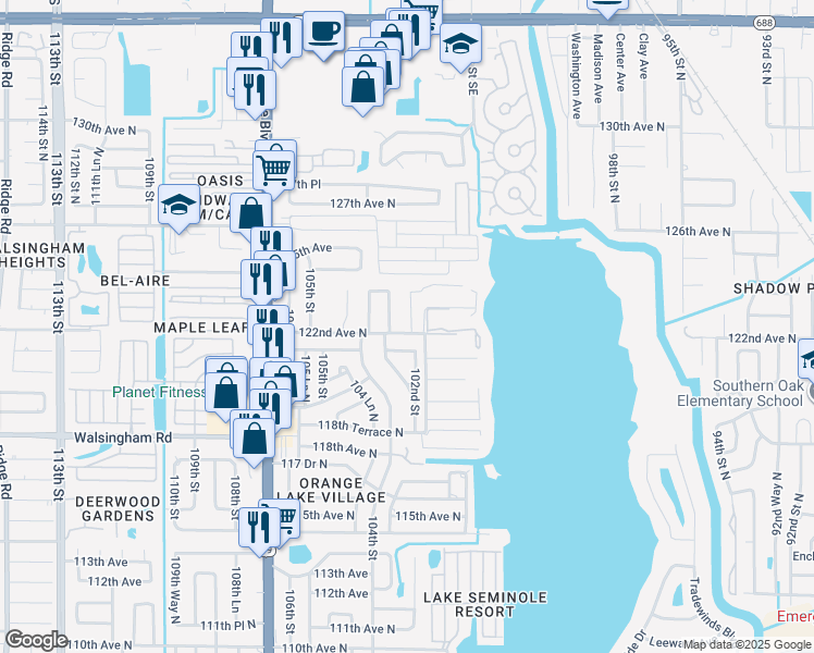 map of restaurants, bars, coffee shops, grocery stores, and more near 10270 122nd Avenue in Largo