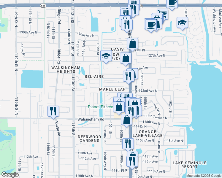 map of restaurants, bars, coffee shops, grocery stores, and more near 12240 Seminole Boulevard in Largo