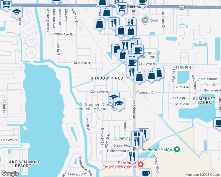 map of restaurants, bars, coffee shops, grocery stores, and more near 12203 91st Way North in Largo