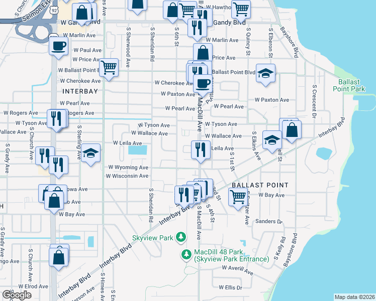 map of restaurants, bars, coffee shops, grocery stores, and more near 5820 South 6th Street in Tampa