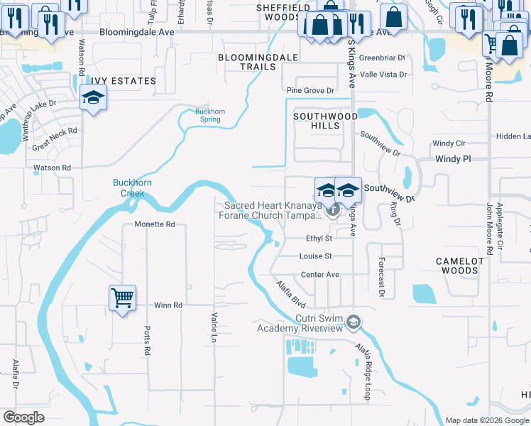 map of restaurants, bars, coffee shops, grocery stores, and more near 3908 Alafia Boulevard in Brandon