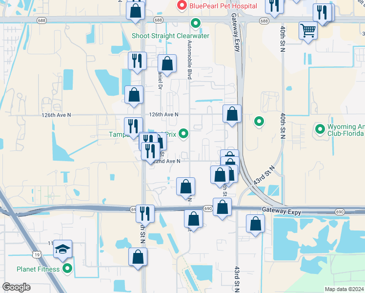 map of restaurants, bars, coffee shops, grocery stores, and more near 12290 Automobile Boulevard in Clearwater