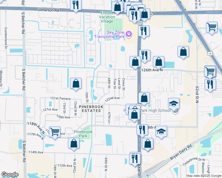 map of restaurants, bars, coffee shops, grocery stores, and more near 12223 Tree Street in Largo