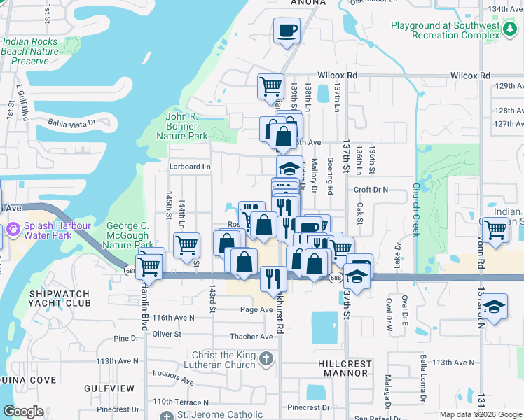 map of restaurants, bars, coffee shops, grocery stores, and more near 12150 Indian Rocks Road in Largo